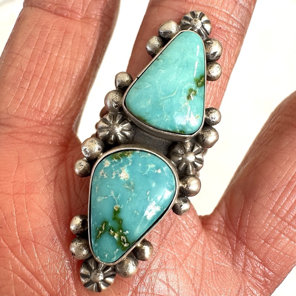Long Navajo Sonoran Turquoise Ring Sz 8 Signed Skeets Sterling Two Stone Native